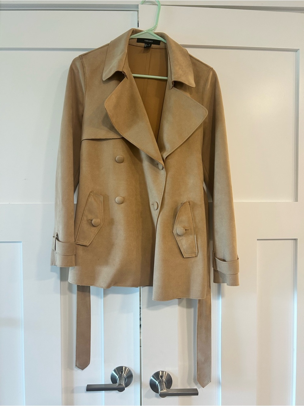 Beige Suede Double-Breasted Trench Coat
